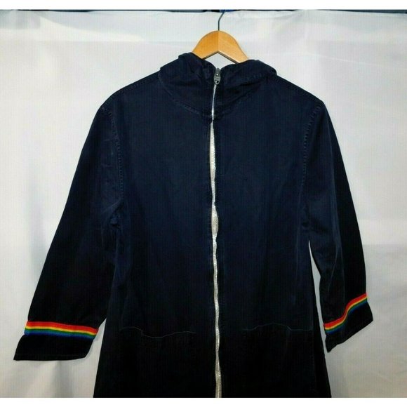 Vintage Grenfill Handicraft Blue Rainbow Trim Hooded Jacket Cotton Womens M / L - Picture 8 of 10